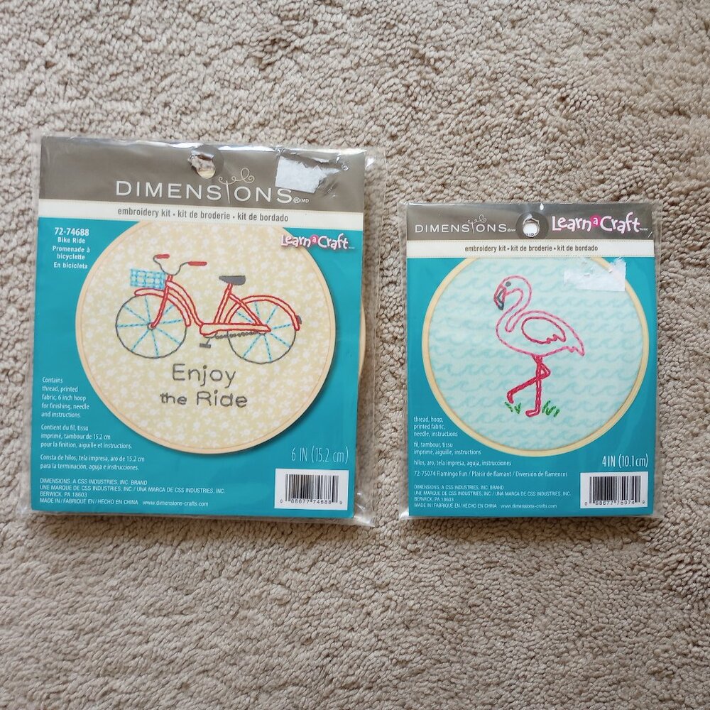 New, Two Embroidery Kits, "Enjoy the Ride" and "Flamingo"